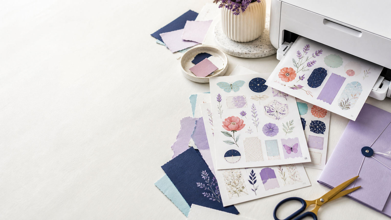 Printable sticker sheets arranged on a creative desk